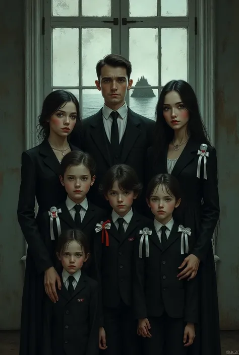  Make a book cover .  Dark setting . a family photo ,  shows a well-dressed father , Stylish mother, 3 sons and 2 daughters .  Behind them there is a window that overlooks a desolate and dark island.  The family looks sad and is dressed in black with a rib...