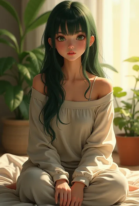 (photorealism:1.2), beautiful young girl, sitting on bed, wearing loose off-shoulder top, pajama pants, long curly  darkgreen hair, green eyes, indoors, soft lighting, plants in background, window with sunlight, cozy room, relaxed pose, realistic, intricat...