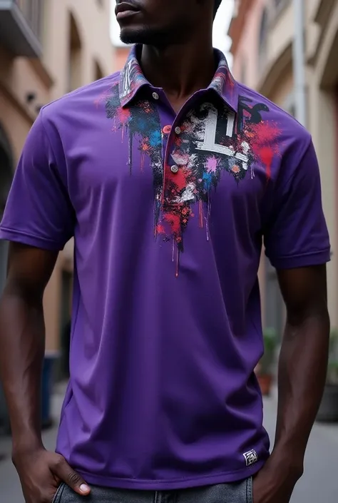 Make a purple polo shirt with a collar inspired by art with different elements with graffiti and other elements highlighting the formal 