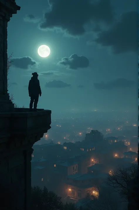 View from the parapet of a building ,  night vision with stars and the lighting in buildings and houses, above Big Moon in the sky with some thick clouds .  cinematographic photo , foto Raw,  Ultra realistic, hyper defined .