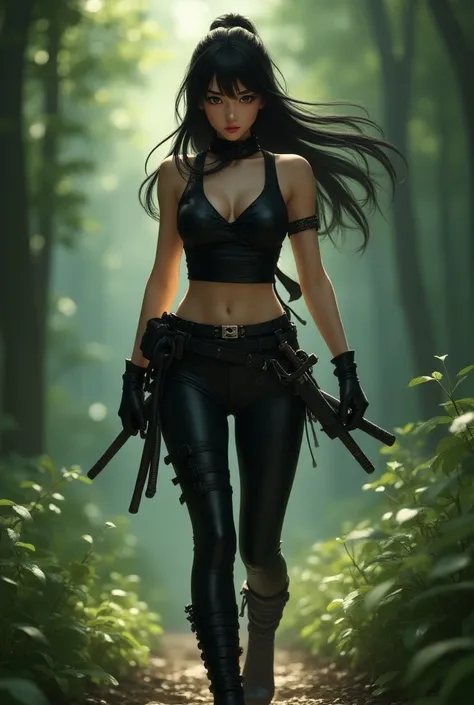  Shorty gordisexy ninja girl ,  dressed as a dark ninja ,  with a ninja back long and smooth hair ,  brown eyes,  her legs have panties of Maya ,  her outfit is sleeveless ,  has combat gloves , black ninja boots ,  belt with some ninja weapons ,  with a m...