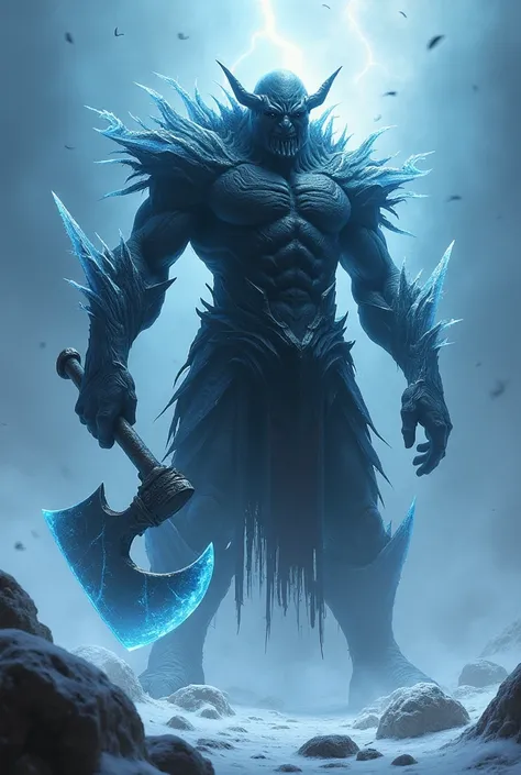 Create a character who is evil  ,  dark and who carries an axe as a weapon whose powers are made of ice