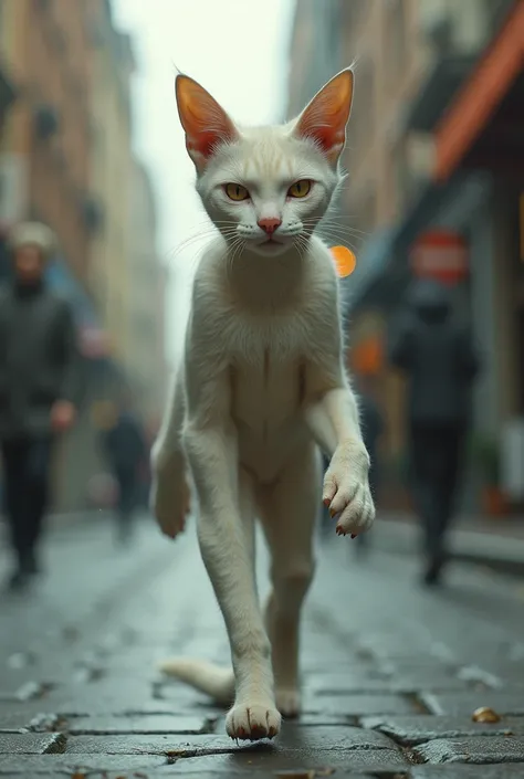 A very thin cat ,  with a human body and cats fur, walking down the street, Humanoide