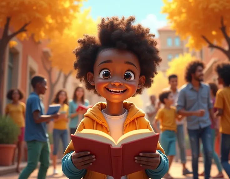 a smiling person, holding an open book,  in a welcoming community environment : Visualize a vibrant scene where a person , full of joy, está holding an open book em um espaço comunitário amigável e acolhedor.  This image represents the warmth and support t...