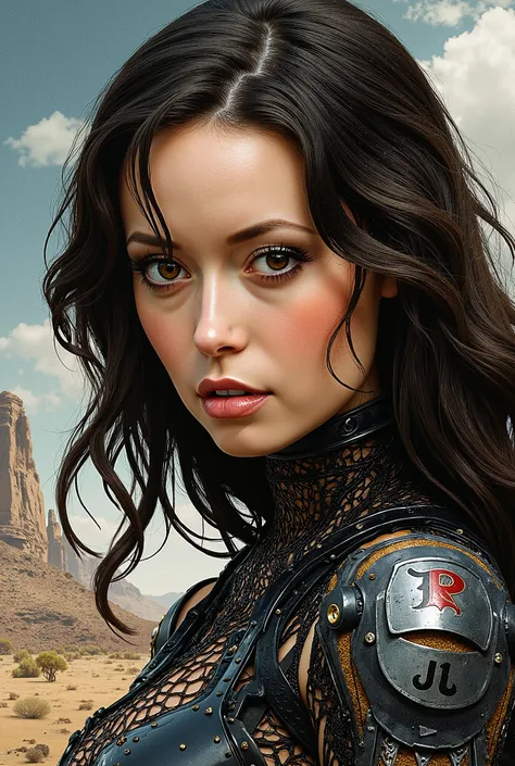 Summer Glau, Portrait of a cybernetic woman android Gunslinger. soft features, Soft Illustration with a dynamic background, elegant intricate artstation concept art style of Ashley Wood, Jae Wood, desolate tones, intricate detail, breathtaking masterpiece,...