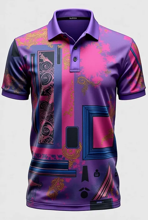 Make a purple polo with a collar, the polo inspired by art with different elements with graffiti and other elements, highlighting the formal, it can have paint palettes, frames, etc. that have designs on the top. 