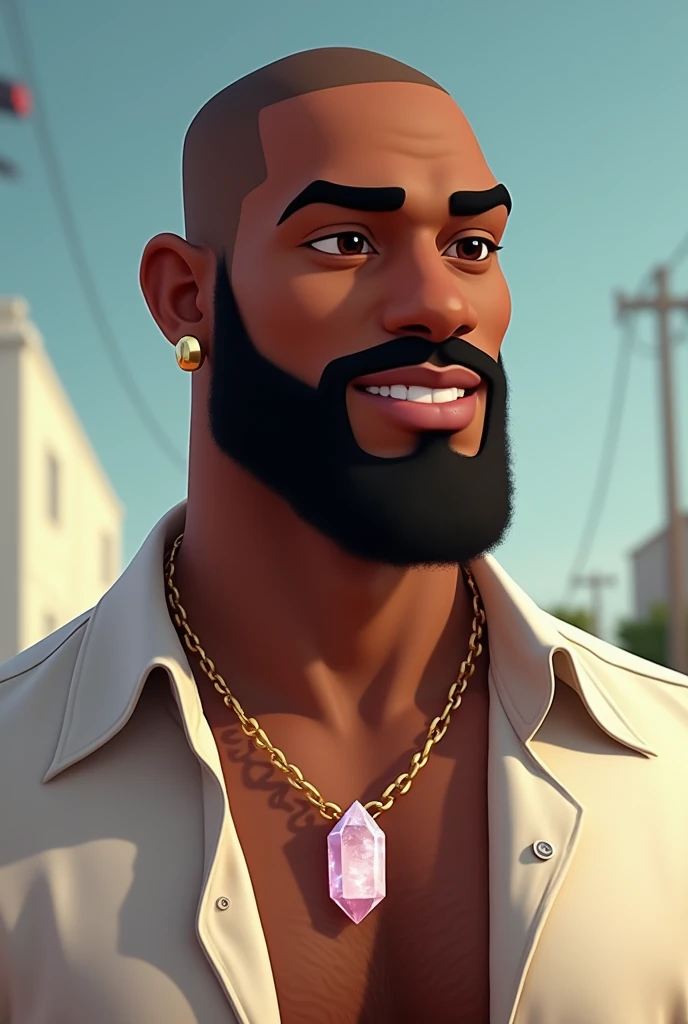 Animated version of handsome tall black man, bald, 38 years old, full beard, dark skinned, wearing open linen shirt, crystal pendant around his neck and a small gold hoop earring in his left year 