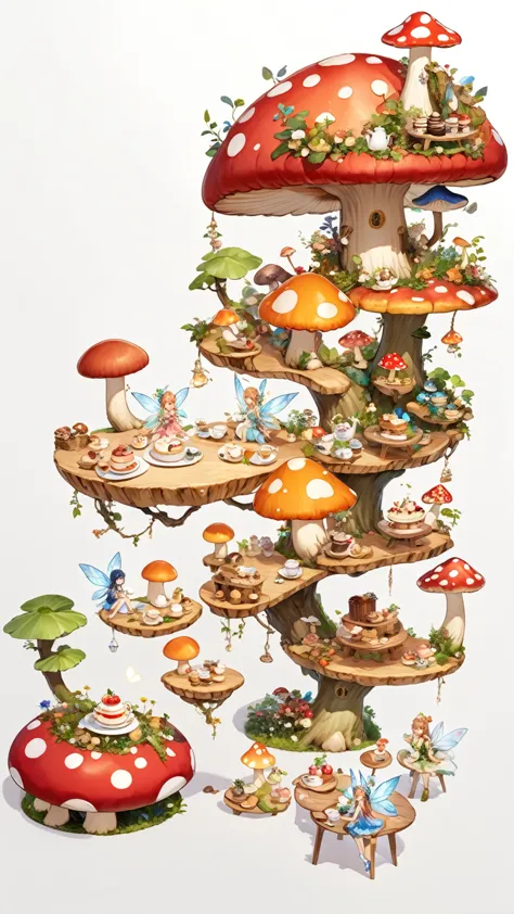 Fairy, mushroom forest, mushroom desk, mushroom chair, afternoon tea, tea time, cake