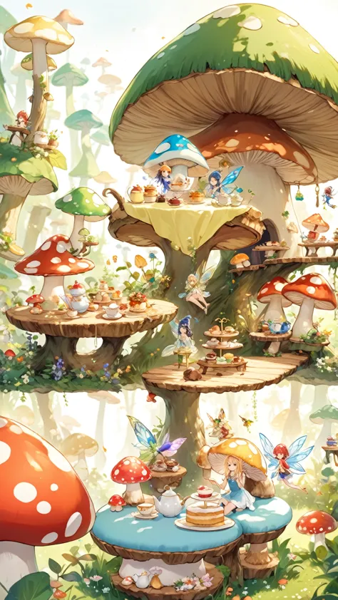 Fairy, mushroom forest, mushroom desk, mushroom chair, afternoon tea, tea time, cake