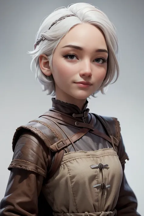 Peasant woman from " Game of Thrones", short white hair, brown eyes,  Dynamic Pose , Expression happiness, Iluminación natural,  ultra resolution ,  plain white background , without patterns, No textures.