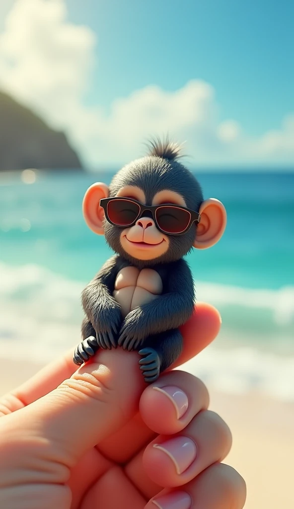 A miniature gorilla wearing sunglasses resting on your fingertips. The gorilla has a relaxed beach style and a gentle smile. In the background is the blue ocean, white sandy beach, and a clear sky. The sunlight reflects off the gorillas fur, and you can se...