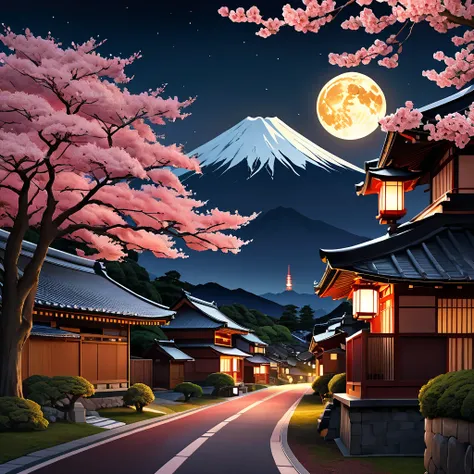 This image is a night landscape with a full moon in the background. The sky is dark with the moon partially visible, casting a warm light over the entire landscape. In the foreground, with Mount Fuji in the background, two Japanese lanterns hang from a che...