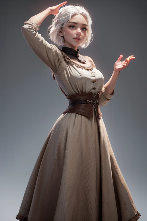 Peasant woman from " Game of Thrones", short white hair, brown eyes, Dynamic pose raised hands, Expression happiness, Iluminación natural,  ultra resolution ,  plain white background , without patterns, No textures.