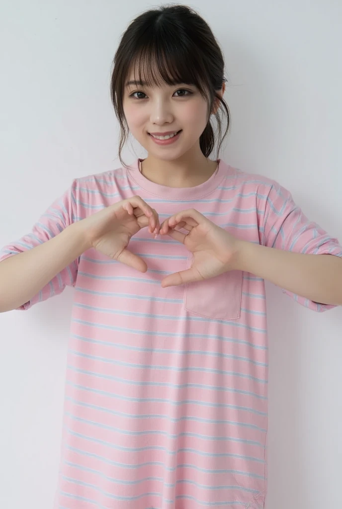 Only one woman with a cute smile wears cute, fluffy off-shoulder pajamas, makes a big heart shape with both hands, and poses them in front of her chest, View above collarbone、The background is a monotone 、
