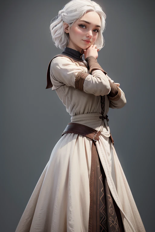 Peasant woman from " Game of Thrones", short white hair, brown eyes, Dynamic pose raised hands, Expression happiness, Iluminación natural,  ultra resolution ,  plain white background , without patterns, No textures.