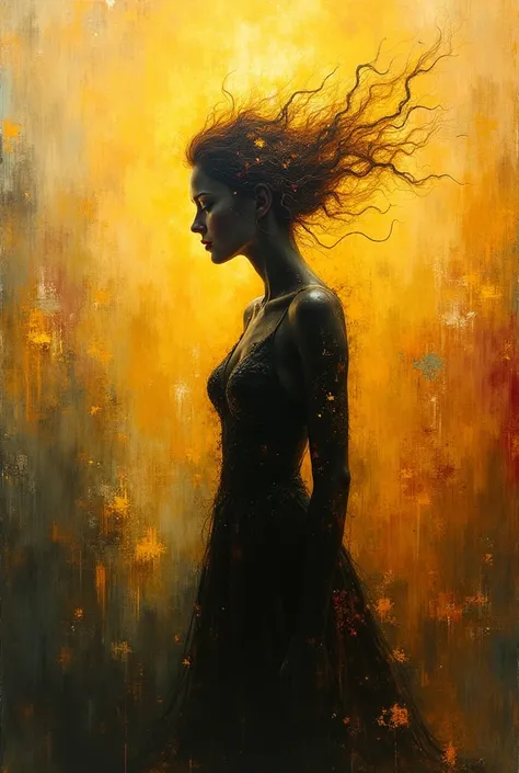  Unique oil painting in ink art, Blurs ,  colors in gold , Orange and yellow 