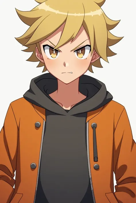 15-year-old blond, fair-eyed all-male Pokémon-trainer character wearing a sweatshirt with an orange jacket on top and a serious and presumptuous looking face 