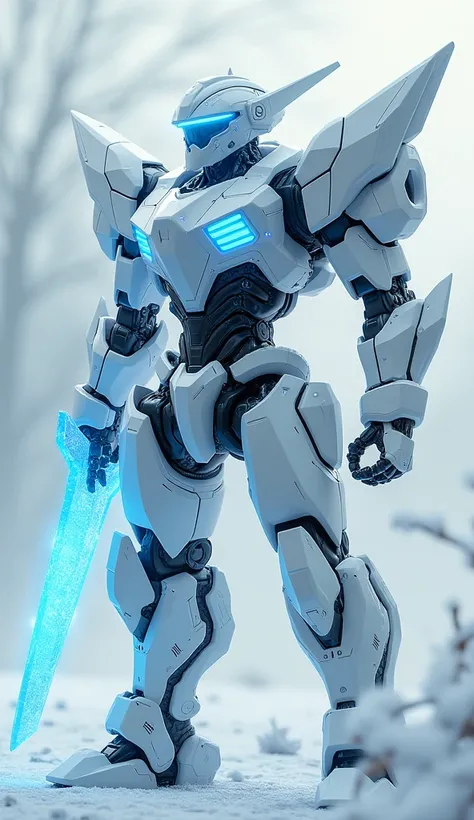 A white-and-blue robot with a glowing ice sword and metallic armor emitting freezing vapors.