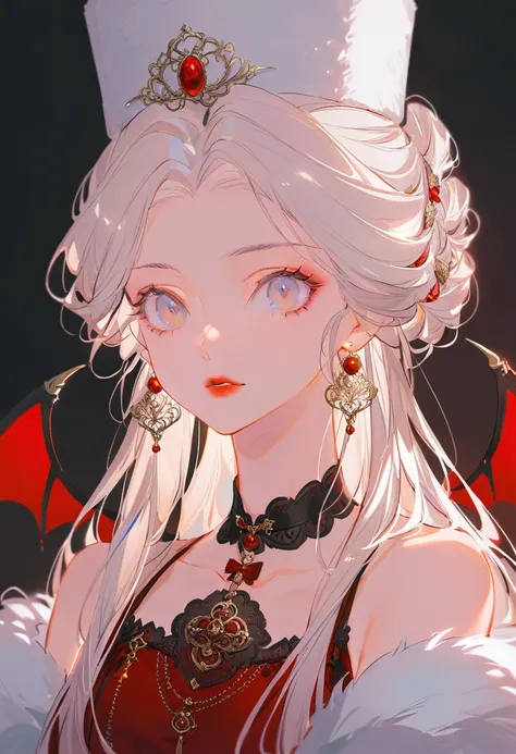 A portrait of a young attractive woman as an ancient gothic vampire, Russian lady, portrait style. Long, silver hair with black roots. Mischievous vibe. Sharp eyes. Wearing a Russian fur hat.