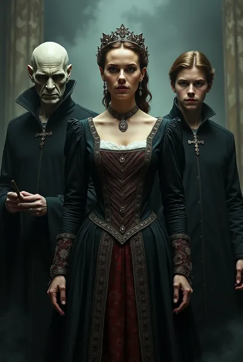 Queen Mary from Reign stands in the middle. Behind her left shoulder stands Voldemort with his magic wand in hands. Behind her right shoulder stands young Ralph Fiennes.