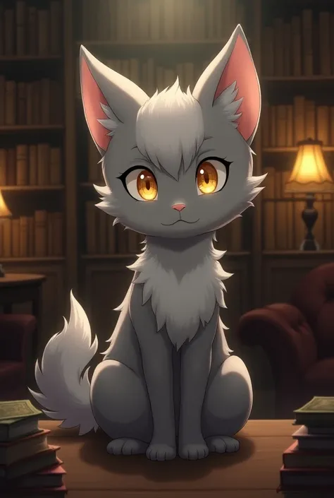 anime, , gray fur, yellow eyes, library background 