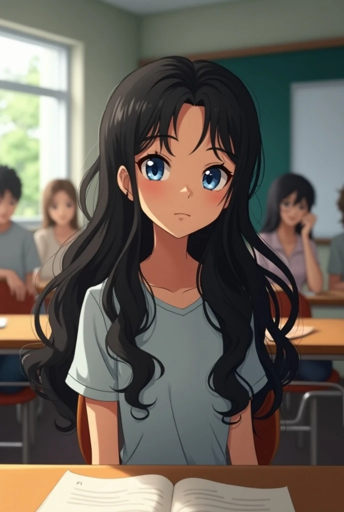  Create an animated 21-year-old with long, wavy black hair, inside a college classroom ,  sitting on the chair ,  she has light blue eyes and is beautiful 