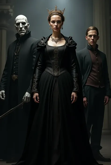 Queen Mary from Reign stands in the middle. Behind her left shoulder stands Voldemort with his magic wand in hands. Behind her right shoulder stands young Ralph Fiennes.