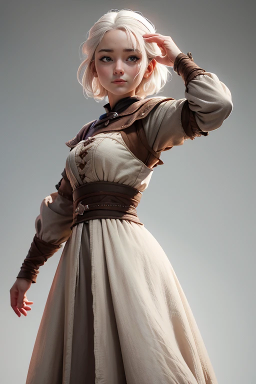 Peasant woman from " Game of Thrones", short white hair, brown eyes, Dynamic pose raised hands, Expression happiness, Iluminación natural,  ultra resolution ,  plain white background , without patterns, No textures.