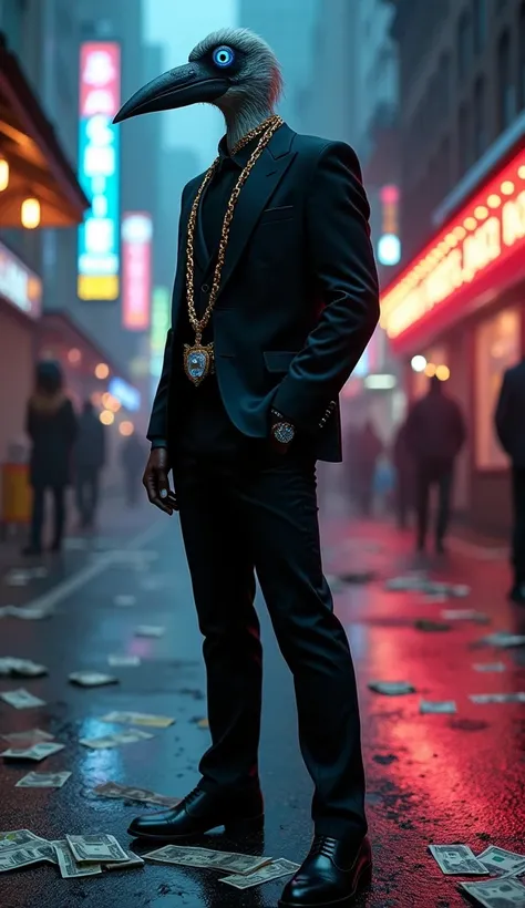 A hyper-realistic full-body depiction of a man with the head of an ibis, standing tall in a detailed black suit with diamond jewelry. The ibis-headed man’s elegant and slender form is accentuated by the sharp suit, adorned with a thick gold chain and diamo...