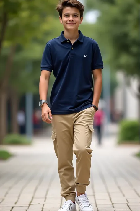  Boy Navy blue polo shirt , beige jogger pants ,  white sole sandal ,  silver watch with steel mesh strap. 