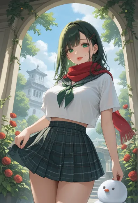 Score_9, Score_8_below, Score_8,  Setsuna Meio by Sailor Plut Naoko Takeuchi style , long long straight dark green hair ,  a beautiful 25-year-old girl She is dressed in incredibly beautiful clothes ,  with a high school uniform loli ,  a sexy and erotic l...