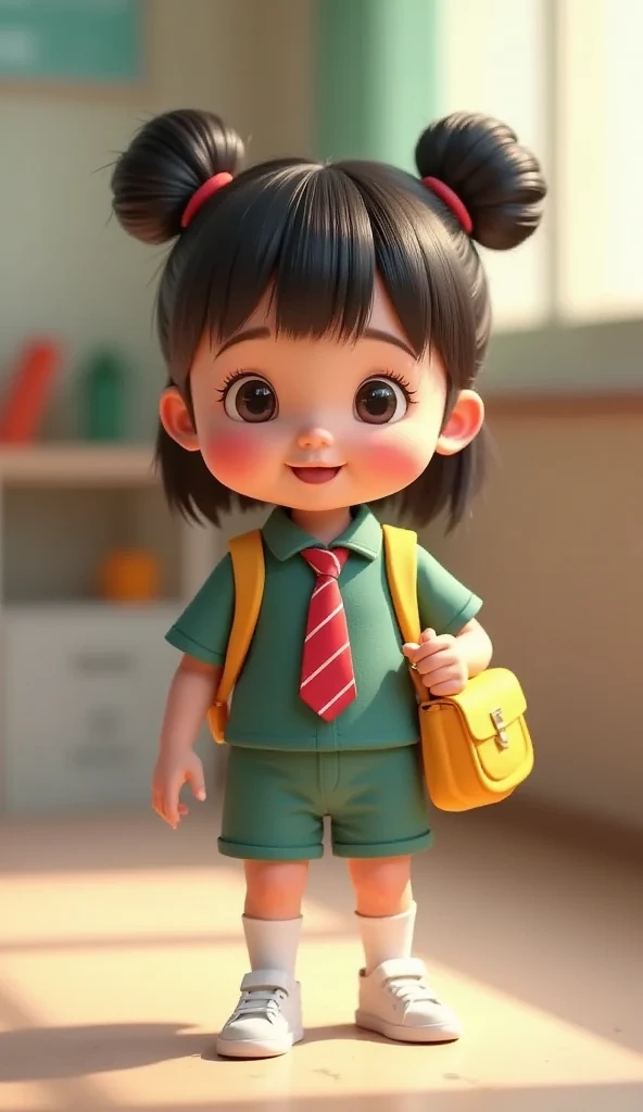 a girl, 3D animation ((side view)) with pastel color palette, cute and adorable with her hair in two buns on top and bangs, cute beautiful girl, blushing cheeks, a girl standing wearing an Indonesian kindergarten uniform, a plain dark green uniform, a tie ...