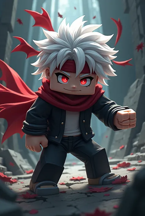 dark boy, White hair and red headband and red eyes fighting Minecraft-style Muzan