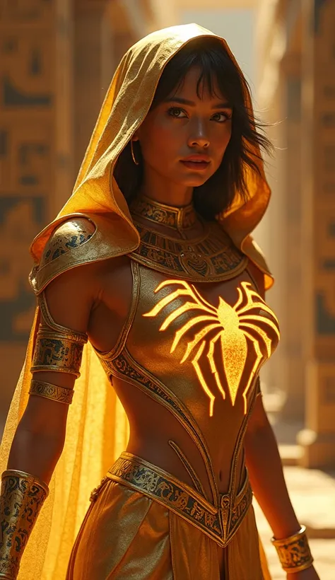  Spider-Man like Egyptians , ( high quality 、8k、32 mil、 masterpiece 、nffsw:1.3)、( The ultra -A high definition )、(photorealistic:1.4)、RAW Photography,  perfect eyes, Charming perfect figure ,action pose:1.2,Fashion golden costume ,  with Egyptian symbols a...