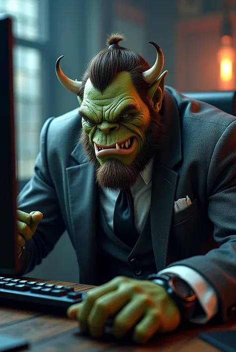 Angry orc dressed in a gabardine suit frustrated in front of the computer after losing an online game