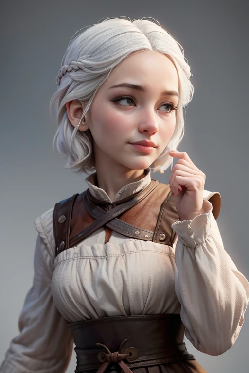 Peasant woman from " Game of Thrones", short white hair, brown eyes, Dynamic pose raised hands, Expression happiness, Iluminación natural,  ultra resolution ,  plain white background , without patterns, No textures.