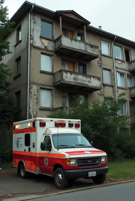 An ambulance vehicle in front of a dilapidated and abandoned apartment 