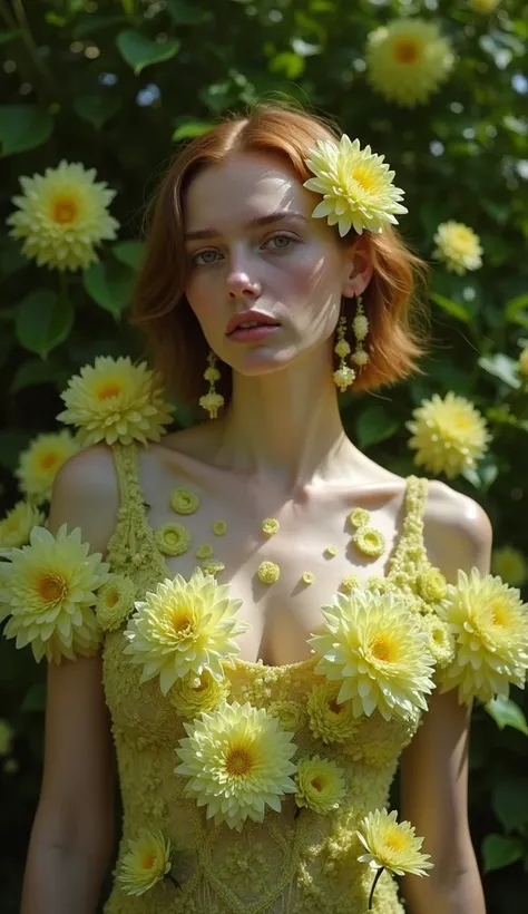 pointilism dance performance with flowers, dancing sensually in a green lush floral ball butter sculpture environment, highly colored, Kodak color, posteresque, circular composition, studio photography, highly colored, stunning, patterned photography by an...