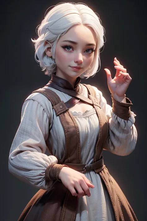 Peasant woman from " Game of Thrones", short white hair, brown eyes, Dynamic pose raised hands, Expression happiness, Iluminación natural,  ultra resolution ,  plain white background , without patterns, No textures.