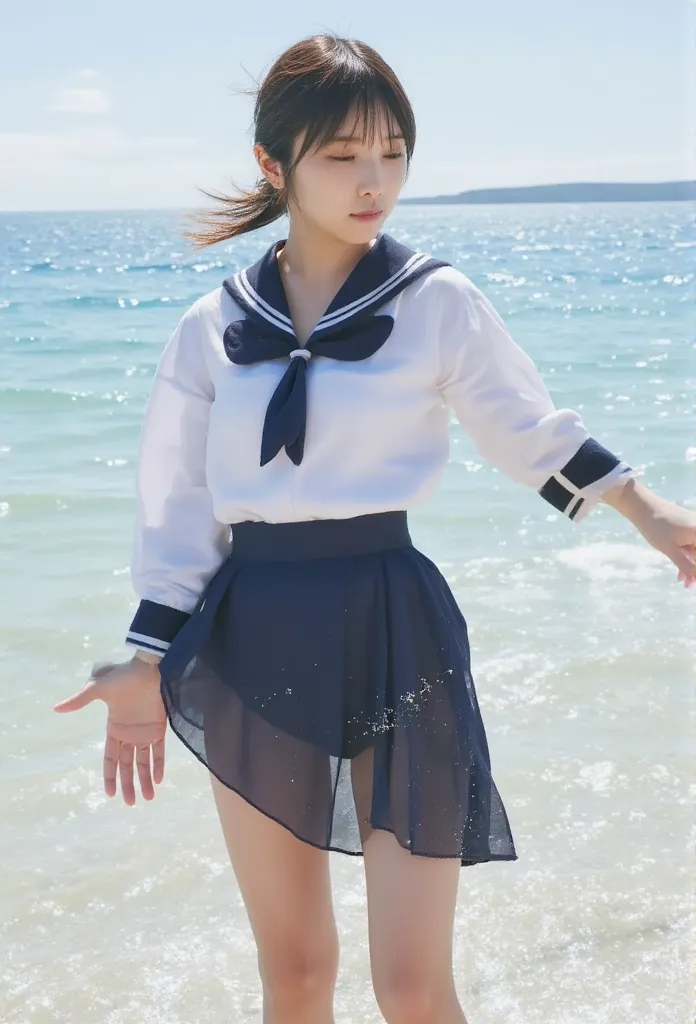 (((sunny day、japanese 、 beach 、 strong wind is blowing 、 her hair and skirt are fluttering、squat,   scoop up seawater and spread...