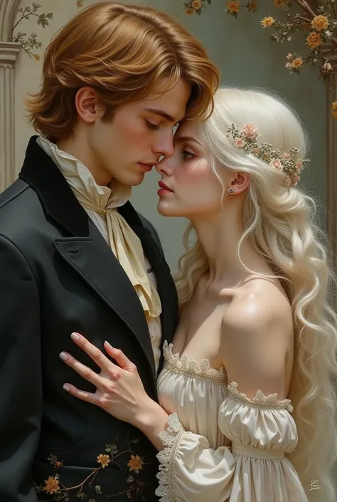  Create a nice couple ,  the man with honey-colored hair and black eyes , and pale complexion ,  and the woman has to be white-haired , ojos de color dorados and pale complexion ,  both have to be beautiful ,  and that the image is based on the painting of...