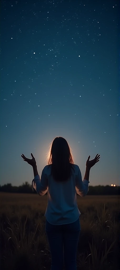 A person standing backwards, in an open field at night, with their hands raised to the sky full of stars. The soft light of the moon illuminates the scene, highlighting the serenity of the moment, while a soft natural glow surrounds your hands, reflecting ...