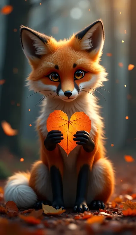 The upper body of a fox holding a heart-shaped fallen leaf. The fox has beautiful fur and looks at the camera with kind eyes. It holds a cute heart-shaped fallen leaf in its front paws, giving off a moody atmosphere. The background is a dark autumn forest,...