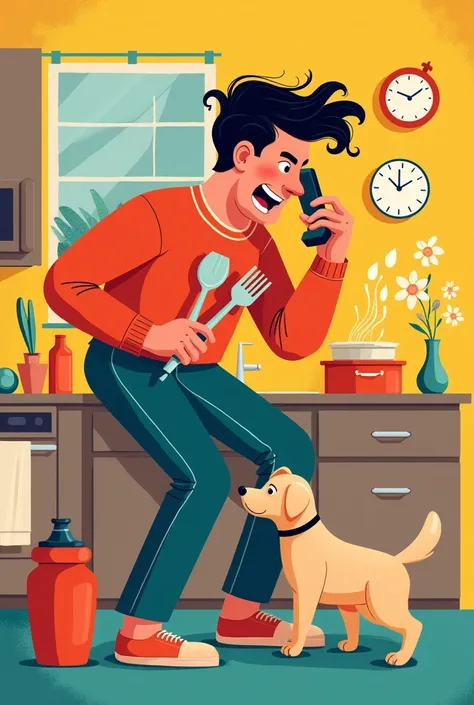 Divided attention poster , someone doing different activities at the same time, The phone in the ear one hand cooking and the other making the dog play