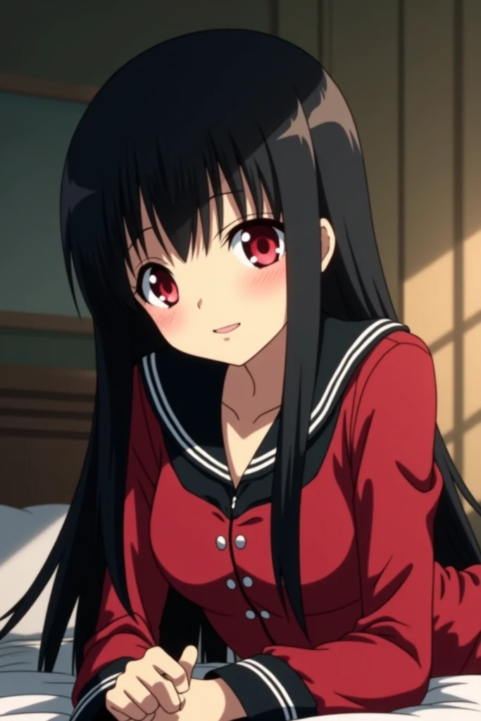 Screenshot of Death note .  Girl with long straight black hair , with bangs.  She has red eyes and a cheerful expression .  She wears a red and black uniform and in the background she is lying on a bed.