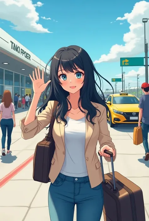  Create a young woman leaving an airport with her bags  , waving for a taxi ,  she has long wavy black hair and blue eyes(in animation)