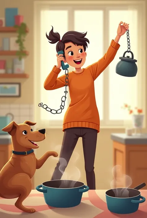 Divided attention poster ,  play someone happy with the phone in his ear and shoulder, one hand cooking and the other making the dog 