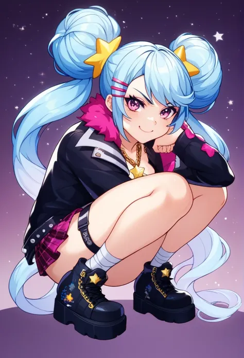 score_9, score_8_up, score_7_up, Create a bold and edgy character with twin buns, long flowing pigtails, and a mischievous smirk, include cute yet sharp details like star accessories and small decorations in the hair. A mix of streetwear and punk style wit...