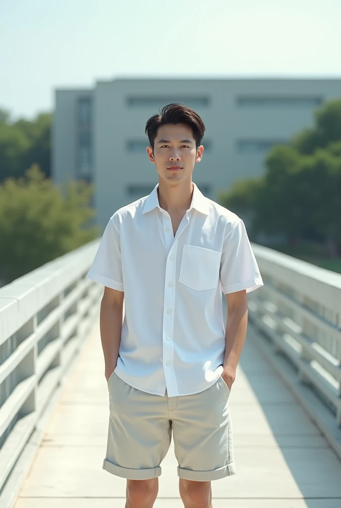 A handsome korean guy
Wearing a white shirt 
Neat hair 
Wearing material shorts 
Again standing on the bridge 