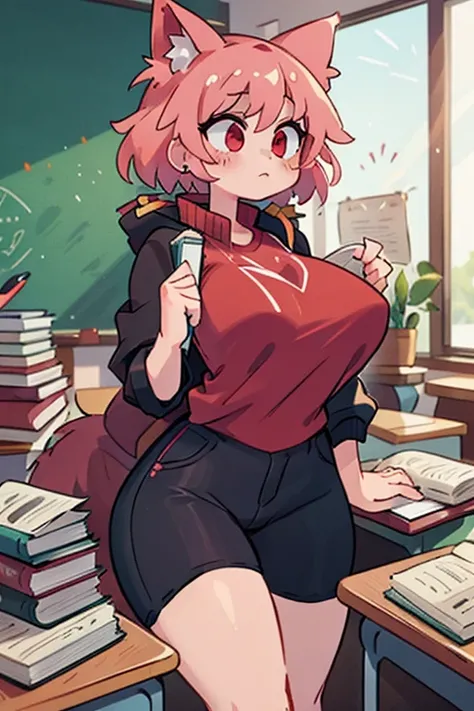  pink hair,  wolf ears , red eyes, big thighs and busty in shorts with red shirt black jacket black pants in a classroom with books